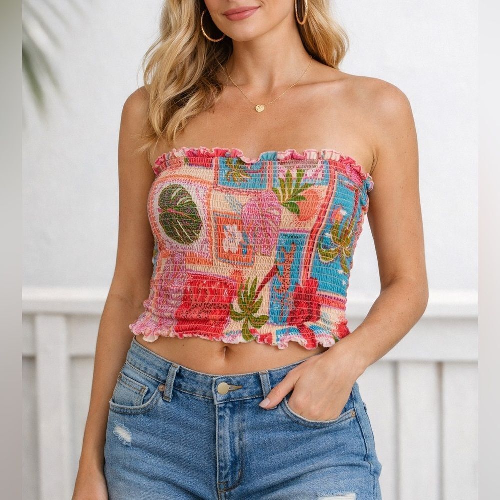 Club Z Collection Smocked Strapless Tube Top Cherry Pink Patchwork M